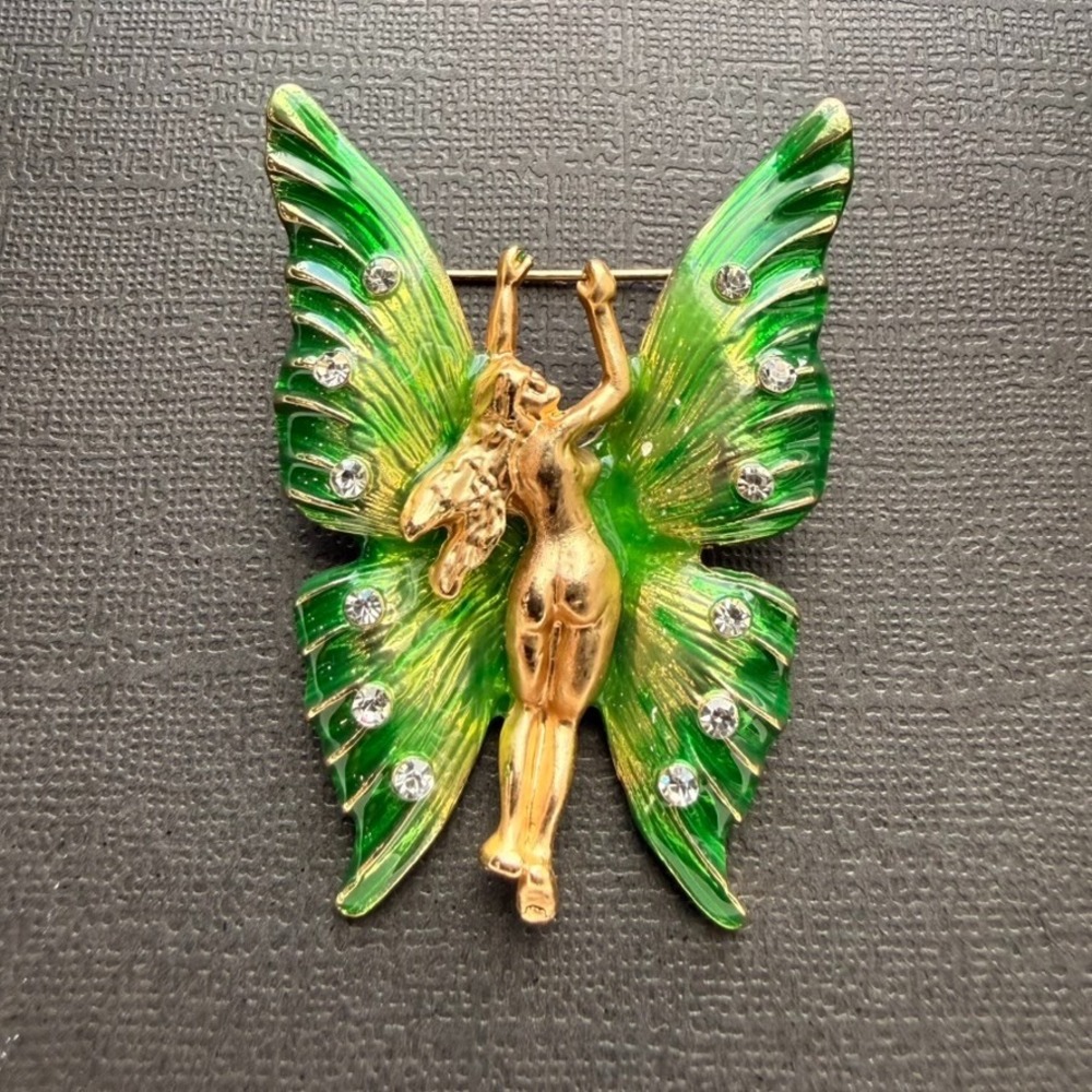 Gold Tone Nude Fairy Pixie Brooch Pin Vibrant Green Enamel Wing Rhinestone Jewel